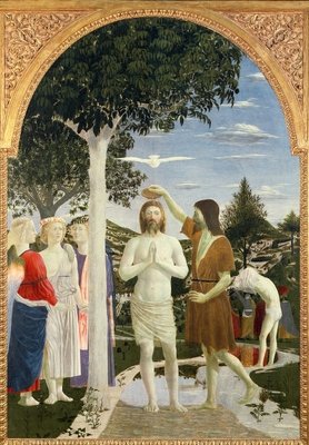 Baptism of Christ (&amp; 2 details) 1450s (tempera on panel) by Piero della, Francesca - print