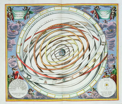 Planetary orbits, plate 18 from 'The Celestial Atlas, or the Harmony of the Universe' (Atlas coelestis seu harmonia macrocosmica) depicting the Ptolemaic and Tycho Brahe systems, pub. by Joannes Janssonius, Amsterdam, 1660-1 (engraving) by Andreas Cellarius - print