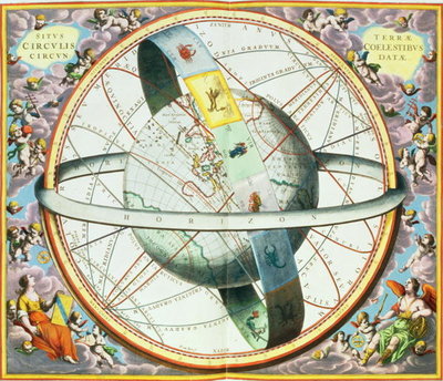The Situation of the Earth in the Heavens, plate 74 from 'The Celestial Atlas, or the Harmony of the Universe' (Atlas coelestis seu harmonia macrocosmica) pub. by Joannes Janssonius, Amsterdam, 1660-1 (engraving) by Andreas Cellarius - print