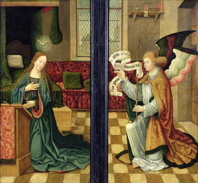 The Annunciation, Cologne School (oil on panel) by German School - print