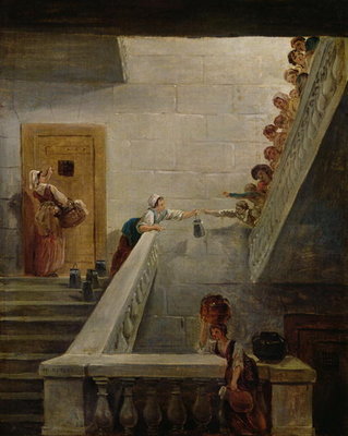 Distributing Milk at St. Lazare Prison, 1794 (oil on canvas) by Hubert Robert - print