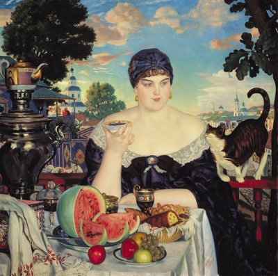 The Merchant's Wife at Tea, 1918 (oil on canvas) by Boris Mihajlovic Kustodiev - print