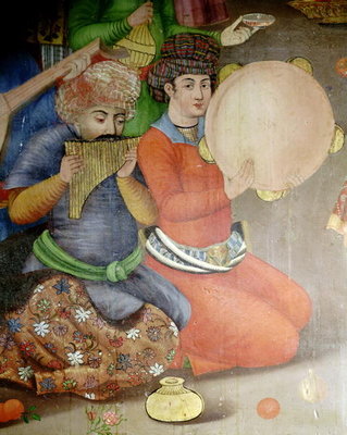 Detail of the musicians, from The Reception for the Ambassador of the Grand Moghul at the Court of the Shah Tahmasp (fresco) by Islamic School - print