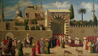 The Venetian Ambassador's Interview in an Oriental City or, The Reception of Domenico Trevisani in Cairo in 1512 (oil on panel) by Italian School - print