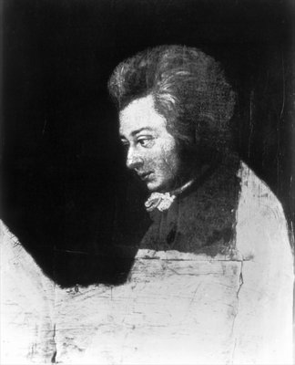 Unfinished Portrait of Wolfgang Amadeus Mozart (1756-91) (b/w photo) by Joseph Lange - print