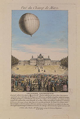 Jacques Alexandre Cesar Charles (1746-1823) and Nicolas Louis Robert (1761-1828) on the Champ de Mars in Paris, 27th August 1783 (coloured engraving) by French School - print