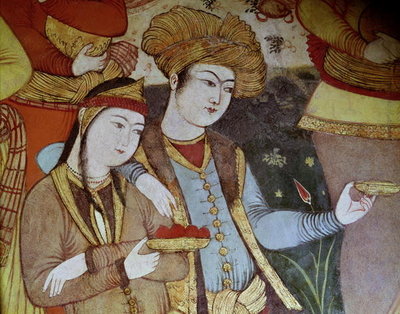 Nobles at the Court of Shah Abbas I (1588-1629) (fresco) (detail) by Persian School - print
