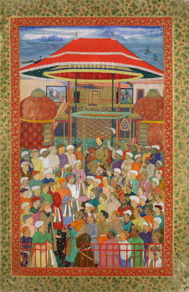 The Court Welcoming Emperor Jahangir (Shah Salim) (1569-1627) (gouache on paper) by Mughal School - print
