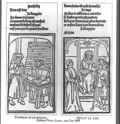 Pathelin and the Draper and Pathelin before the Judge, illustration from 'The Farce of Master Pathelin', c.1489 (engraving) (b/w photo) by French School - print