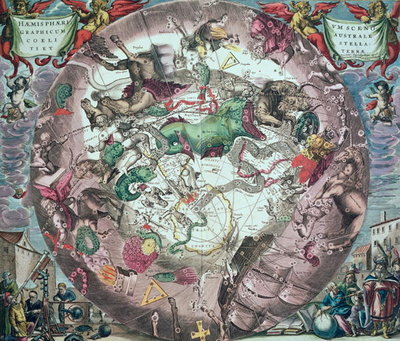 Constellations of the Southern Hemisphere, from 'The Celestial Atlas, or the Harmony of the Universe' (Atlas coelestis seu harmonica macrocosmica) engraved by Pieter Schenk (1660-1719) and Gerard Valk (1651-1726) 1708 (colour engraving) by Andreas Cellarius - print