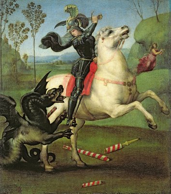 St. George Struggling with the Dragon, c.1503-05 (oil on panel) (see also 95727) by Raphael - print