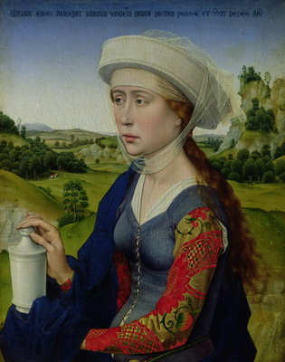 Mary Magdalene, from the right hand panel of Triptych of the Braque Family (oil on panel) by Rogier van der Weyden - print