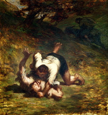 The Thieves and the Donkey, c.1858-60 (oil on canvas) by Honore Daumier - print