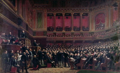 Louis Adolphe Thiers (1797-1877) Acclaimed by the Deputies During a Meeting, 16th June 1877, c.1878 (oil on canvas) by Benjamin Ulmann - print