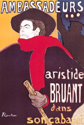 Poster advertising Aristide Bruant (1851-1925) in his cabaret at the Ambassadeurs, 1892 (litho) by Henri de Toulouse-Lautrec - print