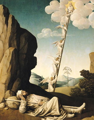 Jacob's Ladder, c.1490 (oil on panel) by French School - print