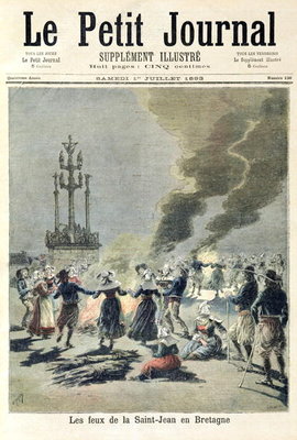 Fine Art Print of Bonfires lit to celebrate the summer solstice in Brittany, front cover of 'Le Petit Journal', 1st July 1893 by Fortune Louis Meaulle