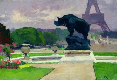 Fine Art Print of The Trocadero Gardens and the Rhinoceros by Jacquemart by Jules Ernest Renoux