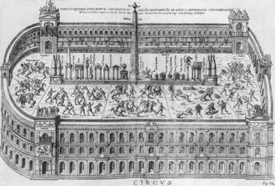 The Circus Maximus in Rome, c.1600 (engraving) (b/w photo) by Italian School - print
