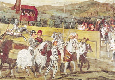Tournament in Honour of Christian I of Denmark at Castello di Malpaga in 1474, detail from the right hand side (fresco) by Girolamo Romanino - print