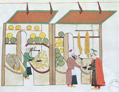 Ms.1671 Two Fruit Shops, c.1580 (gouache on paper) by Islamic School - print