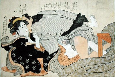 A Shunga Scene (colour woodblock print) by Katsukawa Shunsho - print