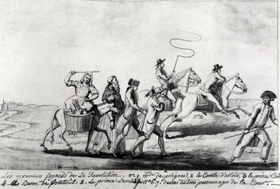 The First Runaways of the Revolution: Mme de Polignac (1749-93), Comte d'Artois (1757-1836) future Charles X, Louis-Joseph (1736-1818) Prince de Conde, Baron de Breteuil (1730-1807), Prince Lambe and two other Courtiers, 1798 (pen &amp; ink and wash on paper) (b/w photo) by French School - print