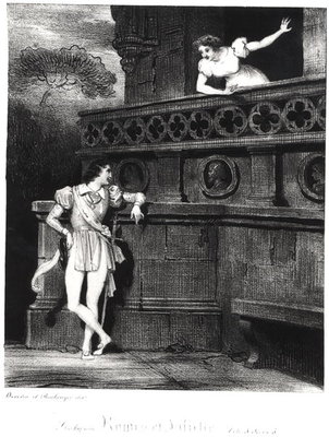 Scene from Act III of 'Romeo and Juliet' by William Shakespeare (1564-1616) (litho) (b/w photo) by Achille Deveria - print