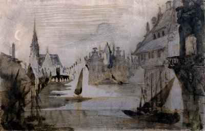 A Port in Flanders (pen &amp; ink, pencil and wash on paper) by Victor Hugo - print