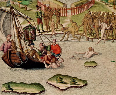 The French Vessel Lands and an Unsuccessful Attempt is Made to Exchange Prisoners, from 'Americae Tertia Pars...', 1592 (coloured engraving) by Theodore de Bry - print