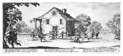 The Pillaging of an Inn, plate 4 from 'The Miseries and Misfortunes of War', engraved by Israel Henriet (c.1590-1661) 1633 (engraving) (b/w photo) by Jacques Callot - print