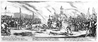 The Stake, plate 13 from 'The Miseries and Misfortunes of War', engraved by Israel Henriet (c.1590-1661) 1633 (engraving) (b/w photo) by Jacques Callot - print