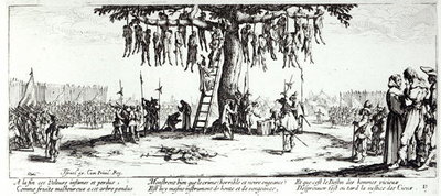 The Hanging, plate 11 from 'The Miseries and Misfortunes of War', engraved by Israel Henriet (c.1590-1661) 1633 (engraving) (b/w photo) by Jacques Callot - print