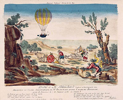 Appearance of the Hot-Air Balloon of Jean Pierre Blanchard (1753-1809) between Calais and Boulogne, 1785 (coloured engraving) by French School - print