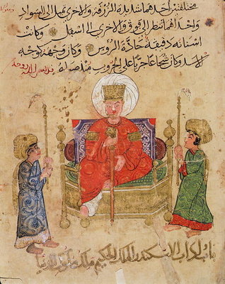 MS Ahmed III 3206 Sultan on his throne, illustration from 'Kitab Mukhtar al-Hikam wa-Mahasin al-Kilam' by Al-Mubashir (pen &amp; ink and gouache on paper) by Turkish School - print