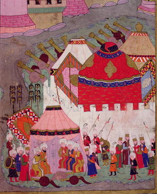 TSM H.1524 Siege of Vienna by Suleyman I (1494-1566) the Magnificent, in 1529, from the 'Hunername' by Lokman, detail of the Ottoman camp, 1588 (gouache on paper) by Islamic School - print