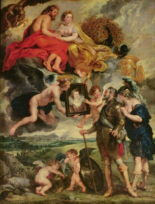 The Medici Cycle: Henri IV (1553-1610) Receiving the Portrait of Marie de Medici (1573-1642) 1621-25 (oil on canvas) by Peter Paul Rubens - print