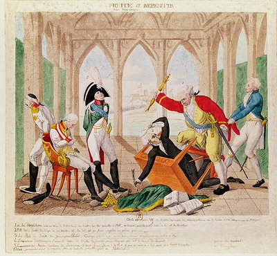 'Shame and Regret, a Tragi-Comic Play', caricature on the capitulation of Ulm on the 20th October 1805 (coloured engraving) by French School - print
