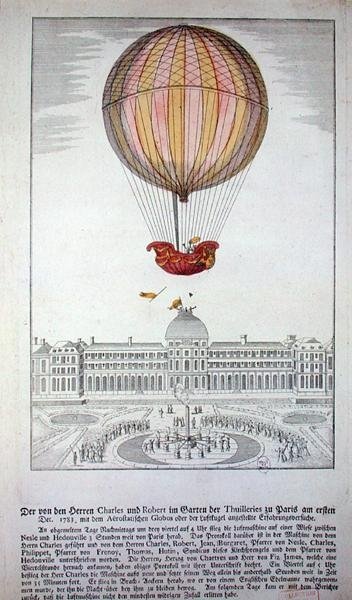 The Flight of Jacques Charles (1746-1823) and Nicholas Robert (1761-1828) from the Jardin des Tuileries, 1st December, 1783 (coloured engraving) by German School - print