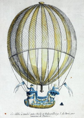 The Balloon of Jacques Charles (1746-1823) and Nicholas Robert (1761-1828) used in their flight from the Jardin des Tuileries, 1st December, 1783 (coloured engraving) by French School - print