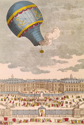 The Ballooning Experiment at the Chateau de Versailles, 19th September, 1783 (coloured engraving) by French School - print