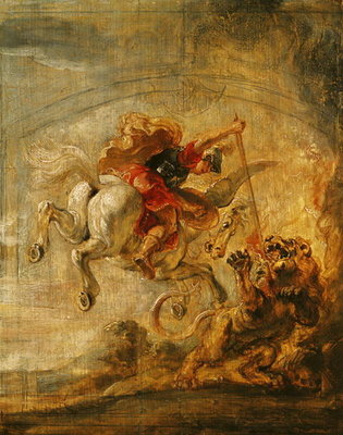 Bellerophon Riding Pegasus Fighting the Chimaera, 1635 (oil on panel) by Peter Paul Rubens - print