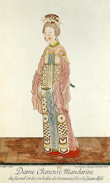 Portrait of a Mandarin Woman of the Second Order Wearing a Summer Ceremonial Costume, from 'Estat Present de la Chine' by Pere Bouvet, 1647 (coloured engraving) by Pierre Giffart - print
