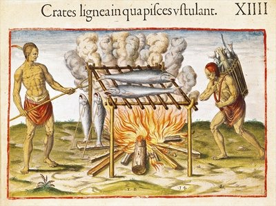 Cooking Fish, from 'Admiranda Narratio...', engraved by Theodore de Bry (1528-98) 1585-88 (coloured engraving) by John White - print