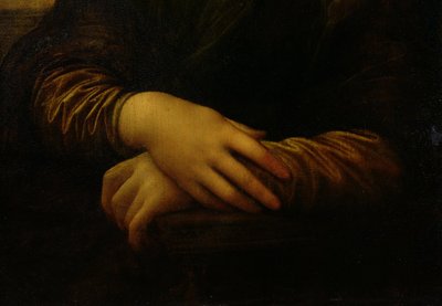Mona Lisa, detail of her hands, c.1503-06 (oil on panel) by Leonardo da Vinci - print