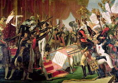 The Distribution of the Eagle Standards, 5th December 1804, detail of the standard bearers, 1808-10 (oil on canvas) by Jacques Louis David - print
