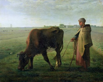 Woman Grazing her Cow, 1858 (oil on canvas) by Jean-Francois Millet - print