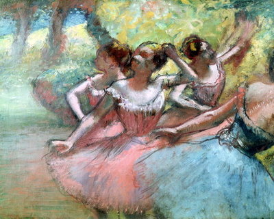 Four ballerinas on the stage (pastel) by Edgar Degas - print