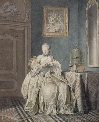 Young Girl Embroidering (oil on canvas) by Jacobus Buys - print
