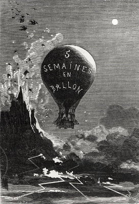 Frontispiece to 'Five Weeks in a Balloon' by Jules Verne (1828-1905) (engraving) (b/w photo) by Edouard Riou - print